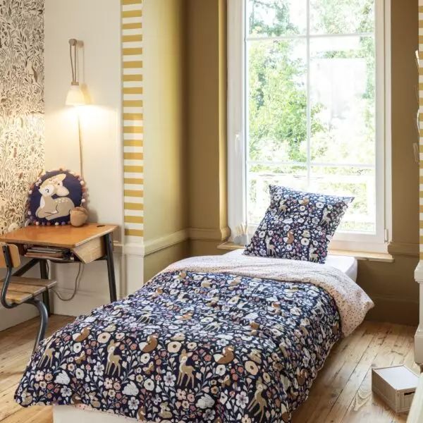 Bed linen set (duvet cover + 1 pillowcase) FORÊT ENCHANTÉE printed cotton (single bed)