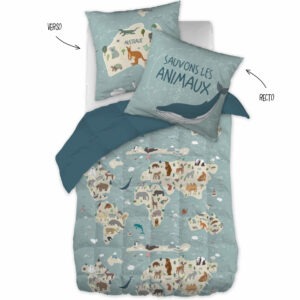 Edredón estampado + 1 funda de almohada Tarjetas de animales (cama individual)