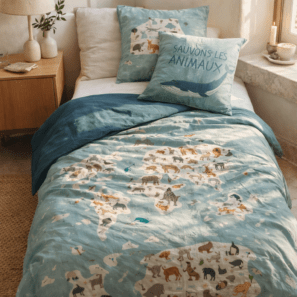 Couette imprimée + 1 taie d'oreiller Carte animaux (lit simple)