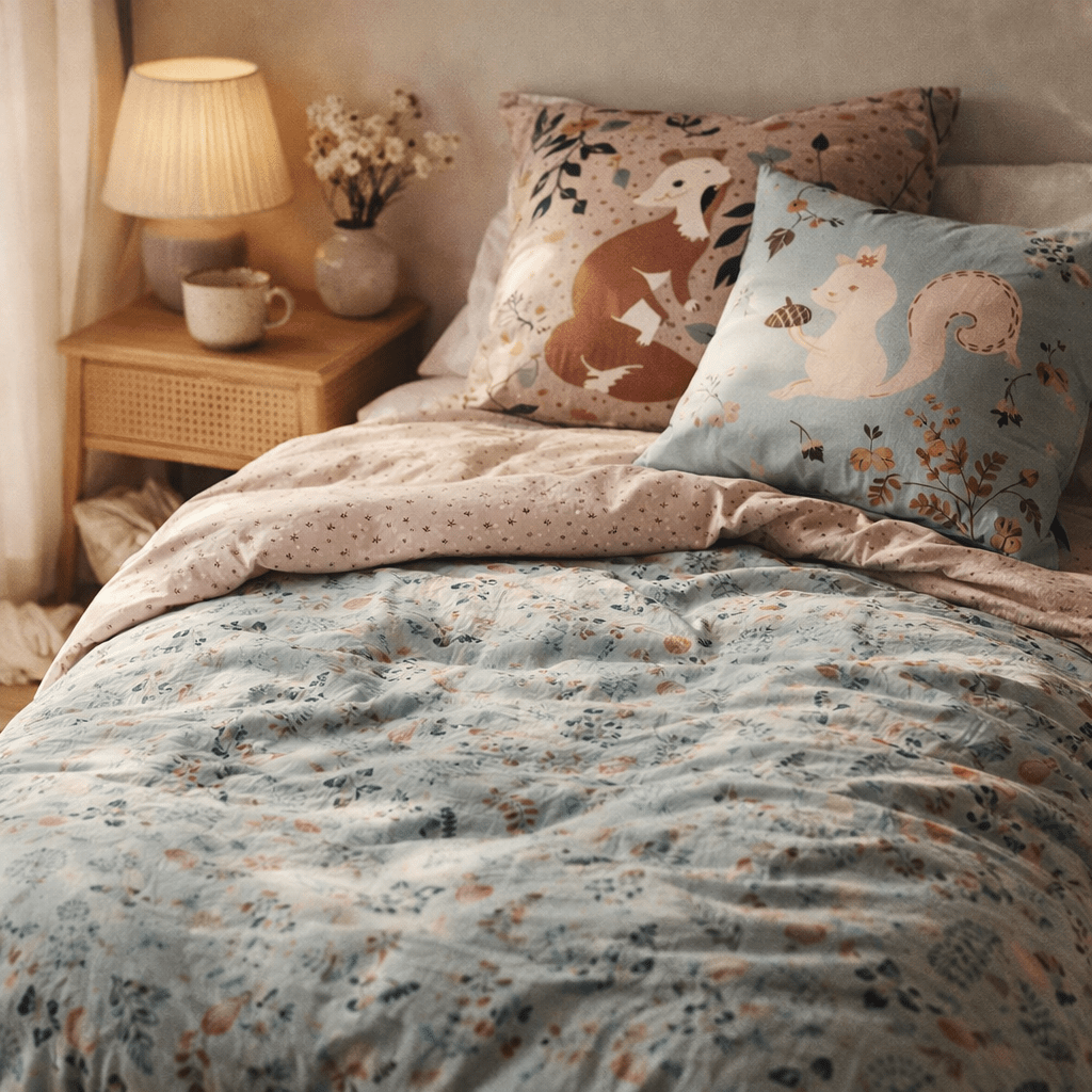 Couette imprimée + 1 taie d'oreiller Renard Ecureuil (lit simple) (IA)