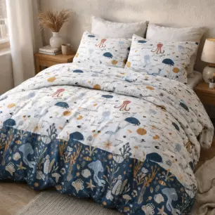 Edredón estampado + 2 fundas de almohada pulpo (cama doble)