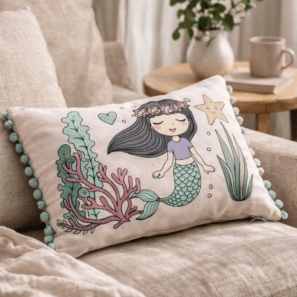 Coussin déhoussable avec pompons MAERIA