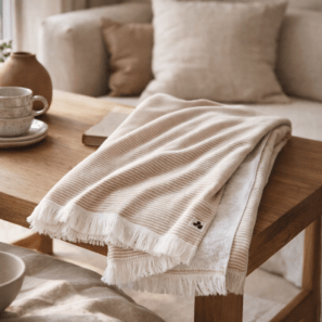 Fouta avec franges coton tissé teint + éponge NAËL