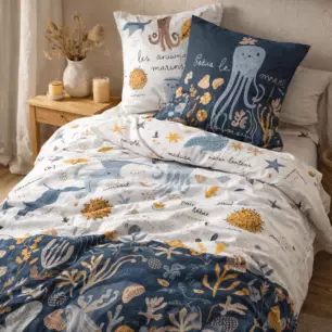 Juego de sábanas (funda nórdica + 1 funda de almohada) algodón estampado OCTOPIA (cama individual)