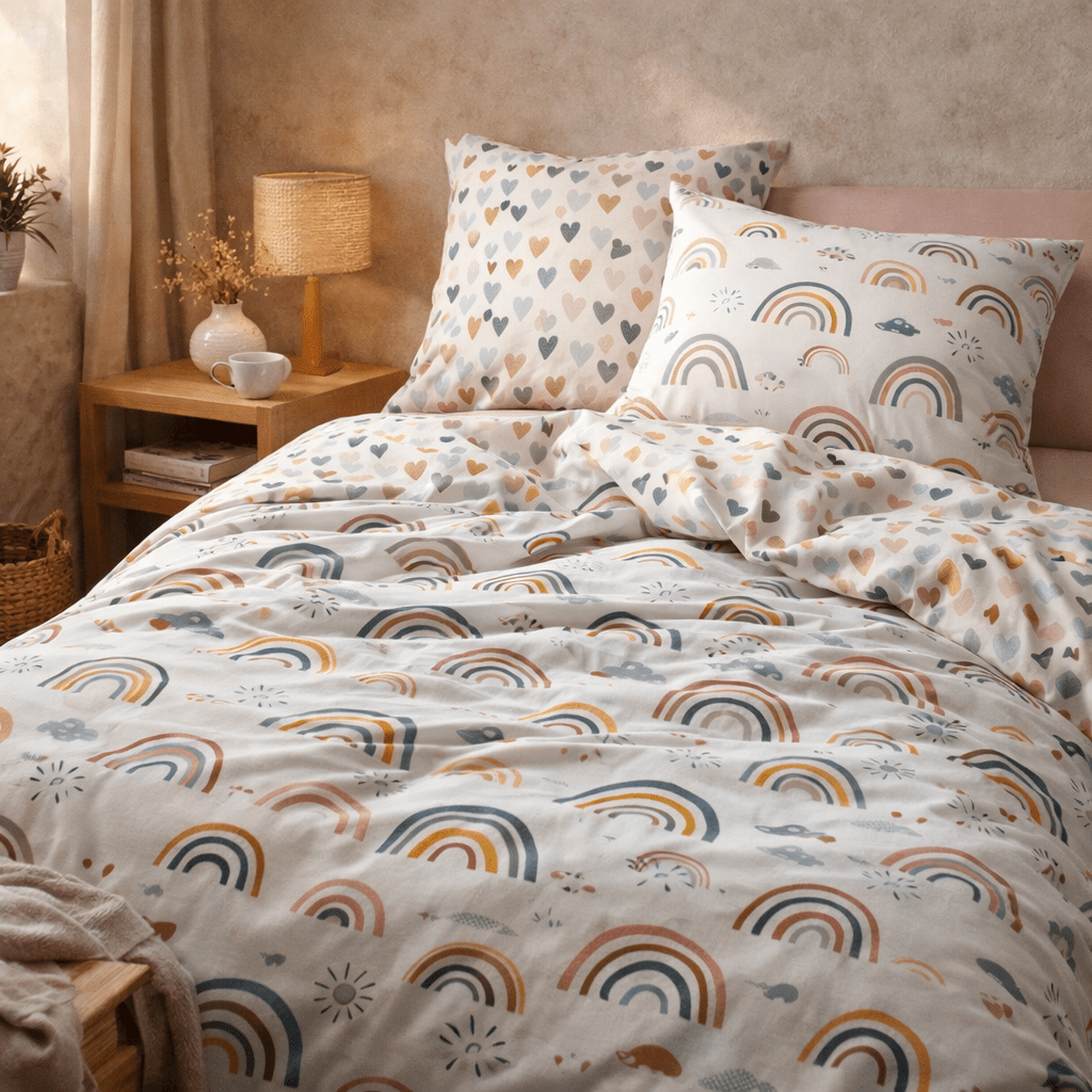 Parure de lit (housse de couette + 2 taies d’oreiller) coton imprimé ARCOEUR (lit double) (IA)