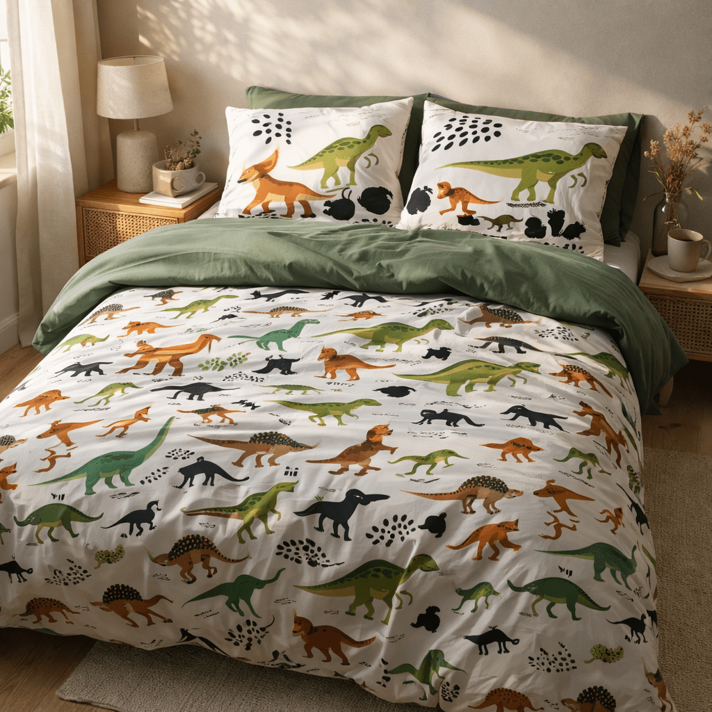 Parure de lit (housse de couette + 2 taies d’oreiller) coton imprimé CRETACÉ (Lit double) (IA)