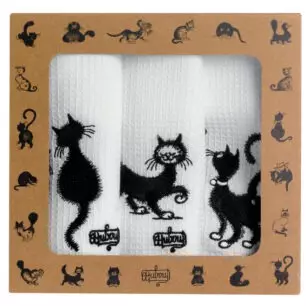 3er-Set Dubout-Geschirrtücher „Les chats“, bestickt, weiß, 40 x 60