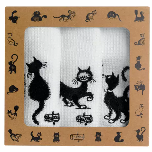 Set di 3 strofinacci Dubout “I gatti” ricamati, bianchi, 40 x 60