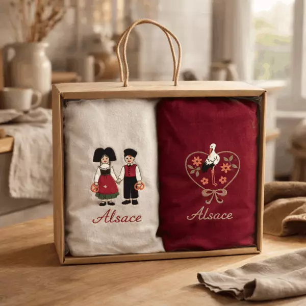 Box of 2 assorted Alsace-embroidered hand towels, 30 x 50