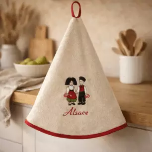 Toalla de mano redonda bordada «Pareja de niños», diámetro 60 cm