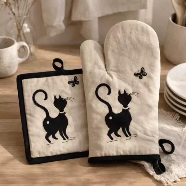 Topflappen + Ofenhandschuh „Dubout Chat Papillon“ in Beige, 18 x 28