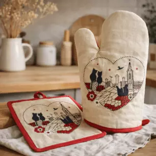 Topflappen „Katzen mit Herz“ in Beige, 18 x 28