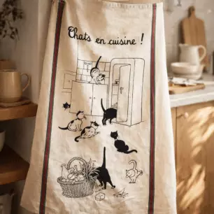 Large Dubout Tea Towel – Cats in the Kitchen, Ecru, 60 x 80
