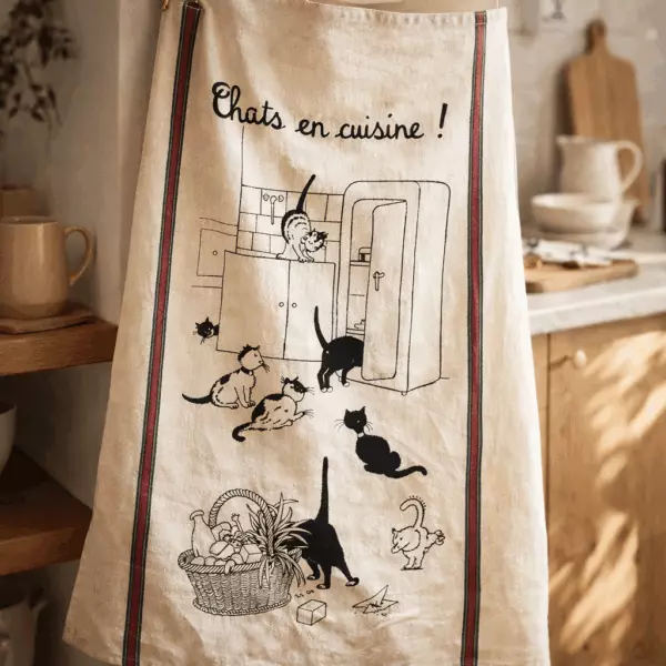 Asciugamano grande con pompon “Gatti in cucina”, color ecru, 60 x 80