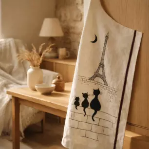Large Dubout Cat and Eiffel Tower Tea Towel, Ecru, 60 x 80