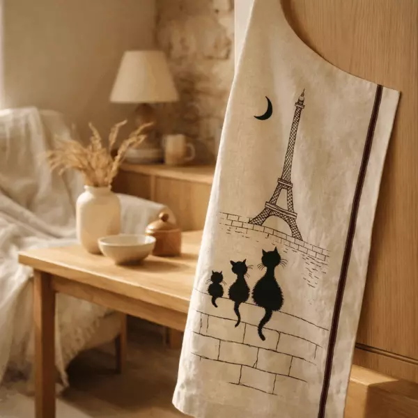 Großes Geschirrtuch mit Katzenmotiven und Eiffelturm, Ecru, 60 x 80