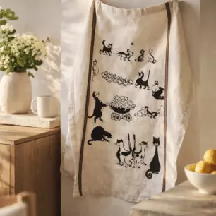 Large Ecru Multi-Cat Dubout Tea Towel, 60 x 80