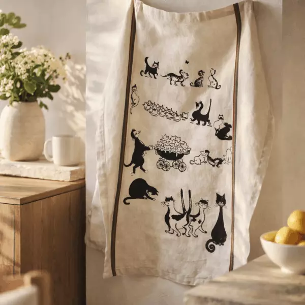 Großes Geschirrtuch „Dubout“ mit vielen Katzen, ecru, 60 x 80