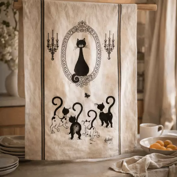 Asciugamano grande Dubout con ritratto di gatto marrone 60 x 80