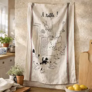 Large ‘Retour Des Courses’ Ecru Tea Towel with Tassel, 60 x 80