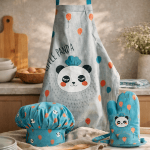 Lot Tablier Toque Gant de cuisine Panda Bleu clair/gris 52 x 63