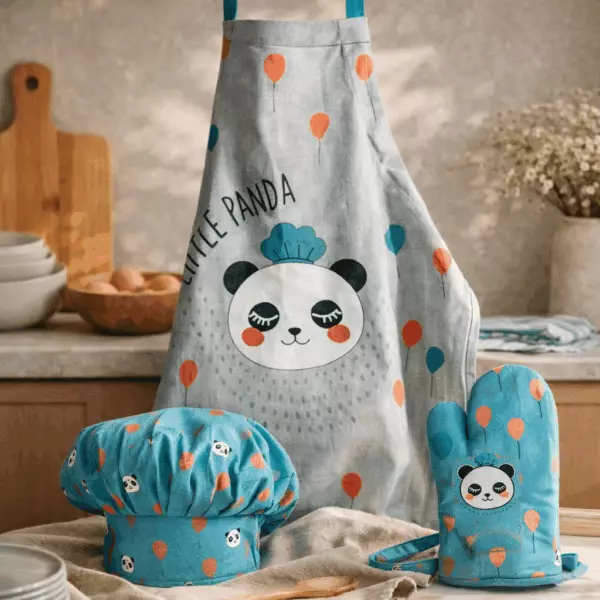 Panda Apron, Chef’s Hat and Oven Glove Set – Light Blue/Grey, 52 x 63