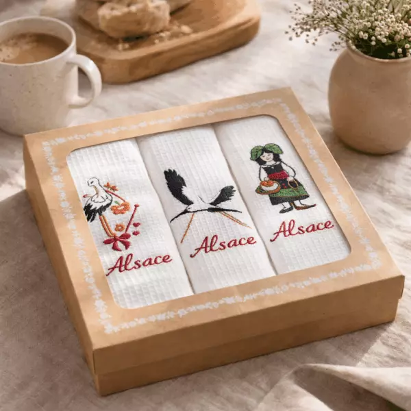 Set of 3 White Embroidered Alsace Honeycomb Tea Towels, 40 x 60