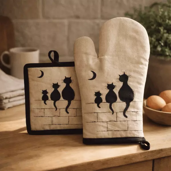 Set aus Handschuh und Topflappen „Dubout“ mit 3 Katzen, beige, 18 x 28