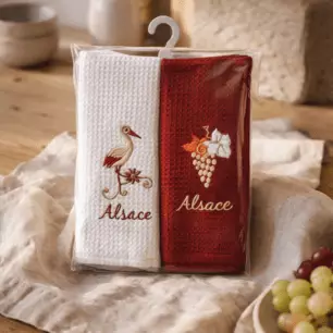 Mignognette 2 Geschirrtücher mit Wabenmuster aus dem Elsass, verschiedene Designs, 40 x 60