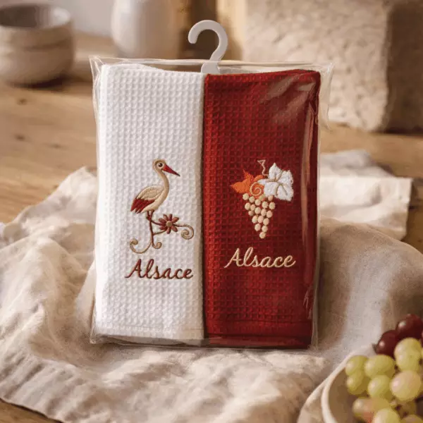 Mignognette 2 Geschirrtücher mit Wabenmuster aus dem Elsass, verschiedene Designs, 40 x 60