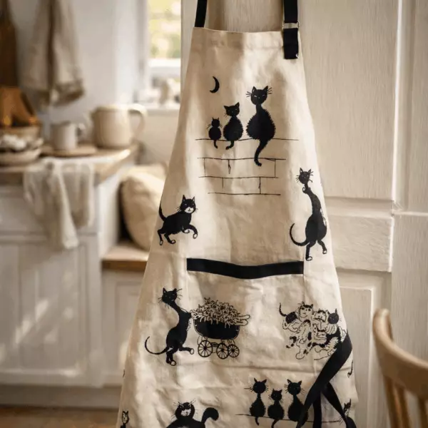 Grembiule da cucina stampato Dubout con 3 gatti, beige, 72 x 85