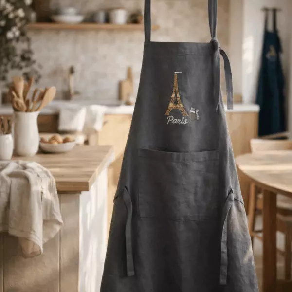 Embroidered Tour Eiffel recycled cotton apron with pocket, 85 × 72 cm