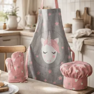Küchenschürze, Kochmütze und Ofenhandschuh „Unicorn Perle“ 52 x 63