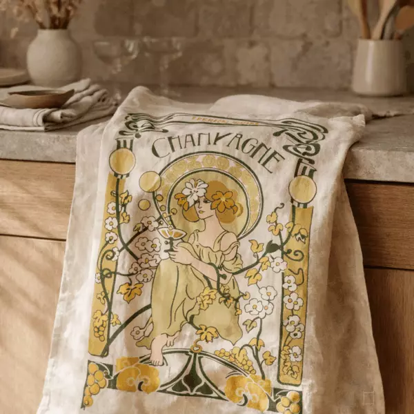 Champagne Art Nouveau cotton tea towel, ecru, 48 × 72 cm