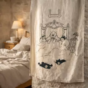 ‘Good Night’ Dubout Tea Towel, Ecru, 48 x 72