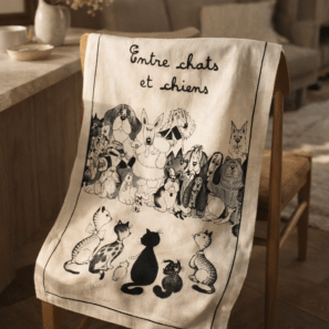 Torchon Dubout Entre Chats Et Chiens Ecru 48 X 72