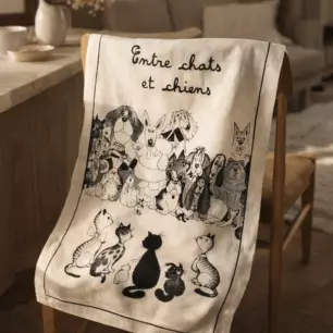 'Entre Chats Et Chiens' Ecru Tea Towel, 48 x 72