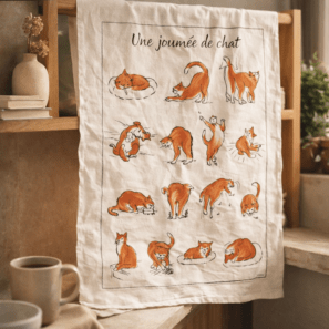 Torchon Imprime Journée de Chat Ecru 48 X 72