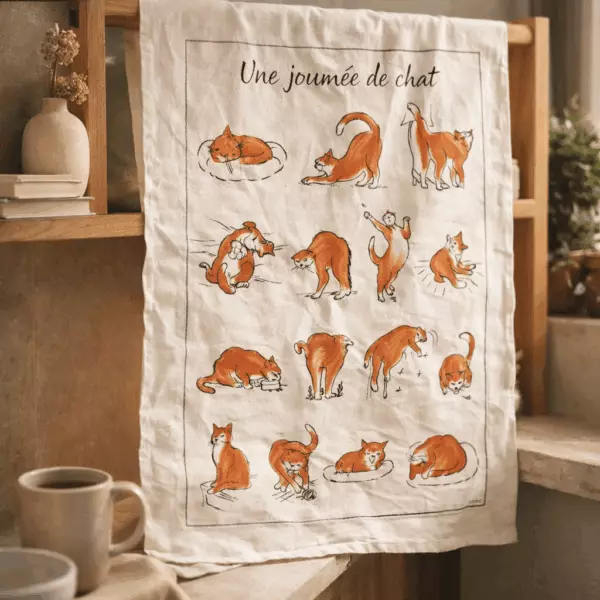 Geschirrtuch mit Aufdruck „Tag der Katze“, Ecru, 48 x 72
