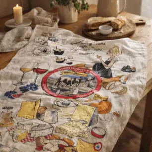 Printed Tea Towel: ‘Les grands fromages’, Ecru, 48 x 72