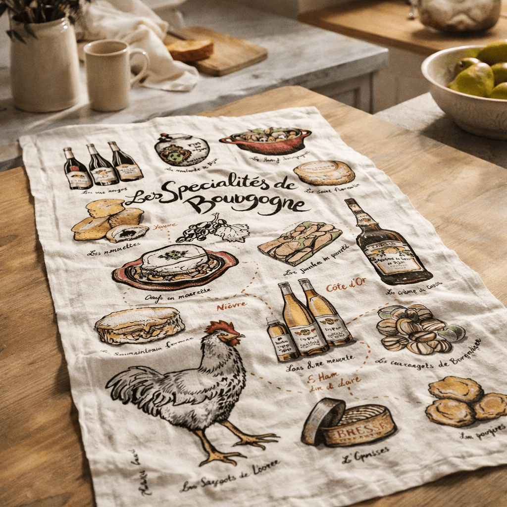 Torchon Imprime Specialités de Bourgogne Ecru 48 X 72 (IA)
