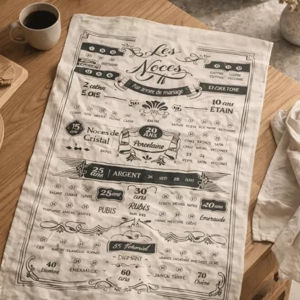 ‘Years of Marriage’ tea towel, ecru, 48 x 72