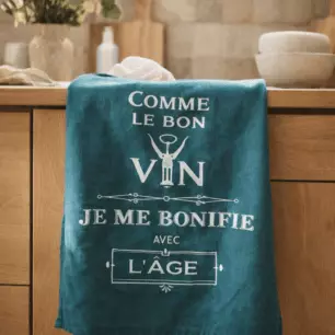Geschirrtuch mit Aufschrift „Wie guter Wein“ – Pfau, 70 x 50