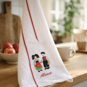 Torchon Nid d'abeilles Couple Enfants Alsace Blanc/Rouge 50 x 70