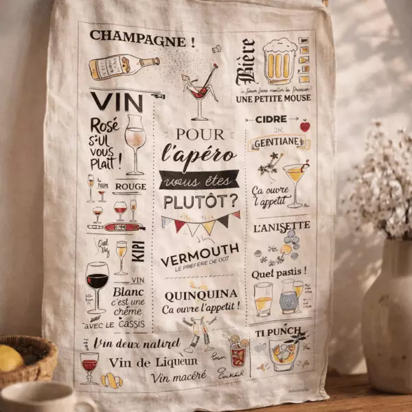 Glasses and aperitifs tea towel, ecru, 48 x 72