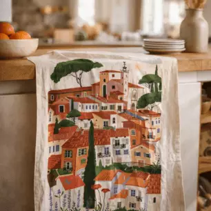 Provence Village Tea Towel, Ecru, 48 x 72