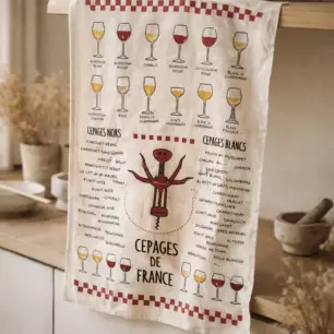 Ecru Wine and Grape Varieties Tea Towel, 50 x 70