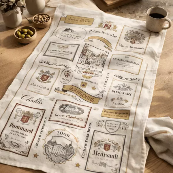 Burgundy Ecru Multi-Label Tea Towel, 48 x 72