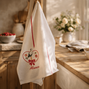 Torchon nid d'abeilles Cigogne fleurs Alsace 50 x 70