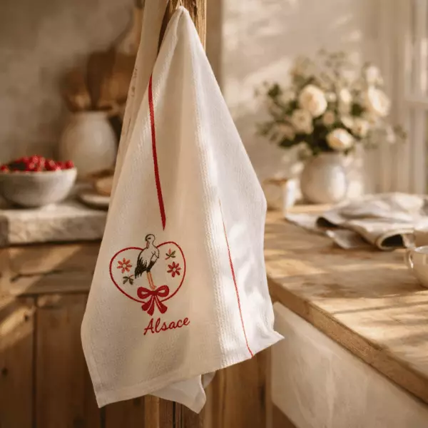 Honeycomb tea towel with stork and Alsatian flowers, 50 x 70